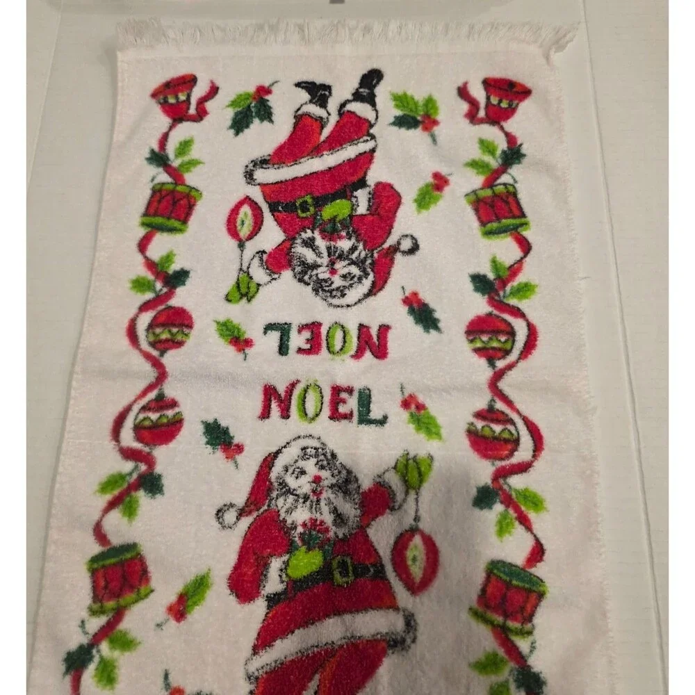 Vintage Santa Claus Christmas Hand Tea Dish Towels Set of 3 White *FLAWS